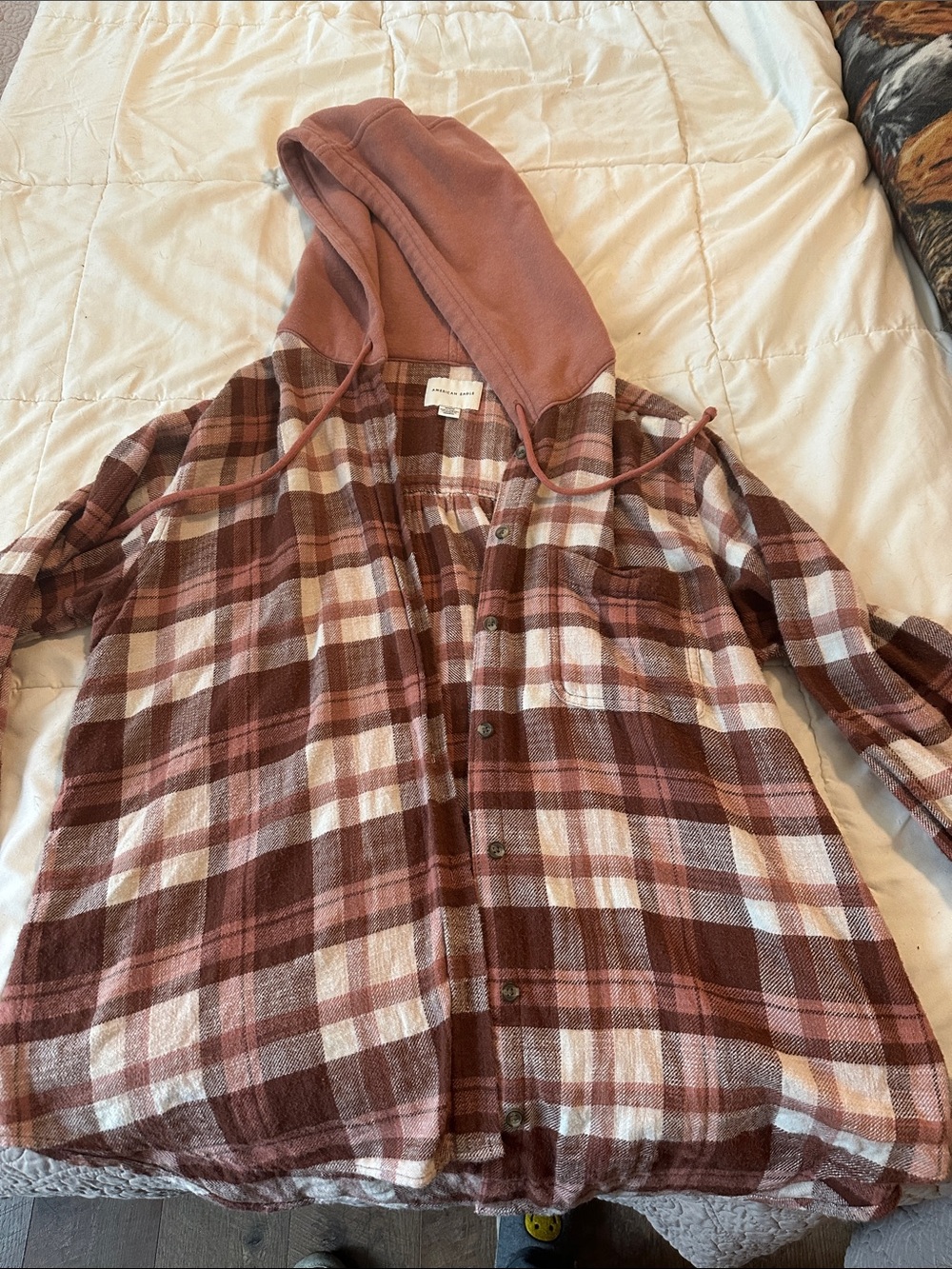 American Eagle Dusty Rose and Brown Plaid Hooded Shacket